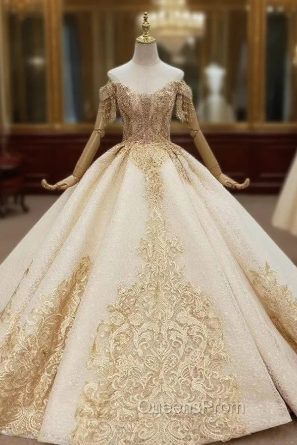 Champagne Ball Gown Tulle Off the Shoulder Lace Appliques Wedding Dress Main image