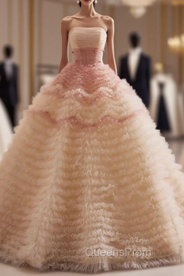 Champagne Ball Gown Tulle Pleats Strapless Evening Prom Dress