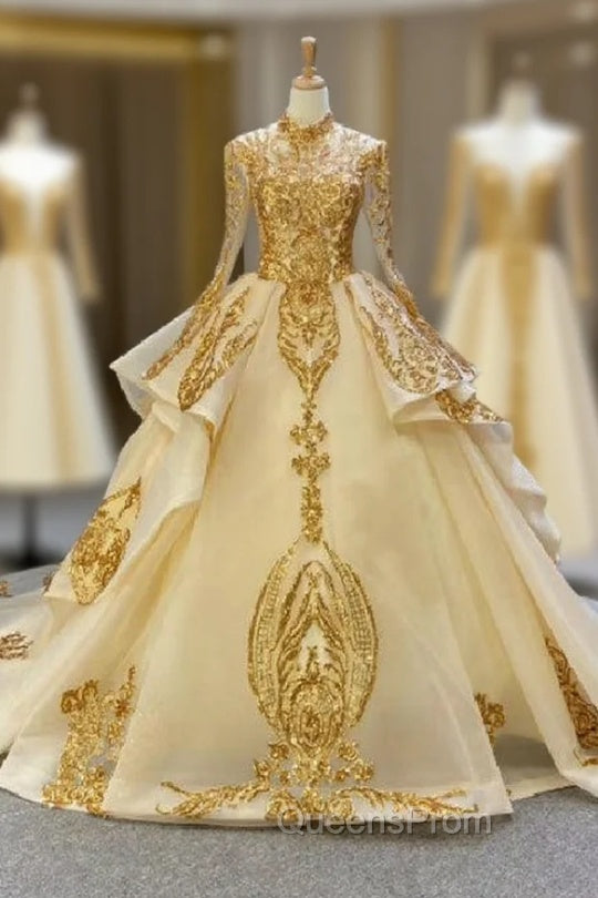 Champagne Ball Gown Tulle Sequins Appliques High Neck Evening Prom Dress Main image