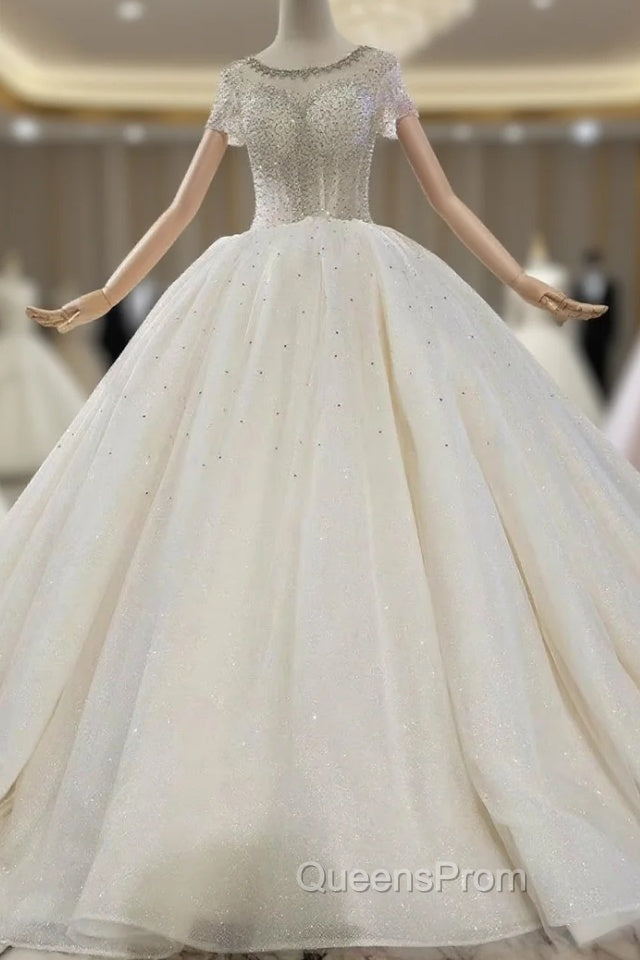 Champagne Ball Gown Tulle Sequins Beading Short Sleeve Wedding Dress Main image