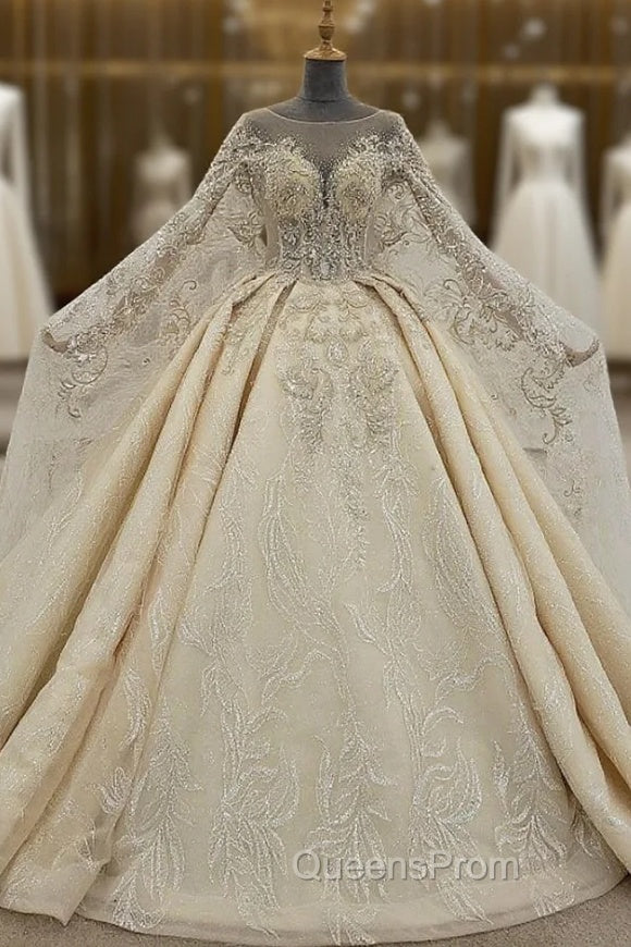 Champagne Ball Gown Tulle Sequins Beading Wedding Dress With Long Train