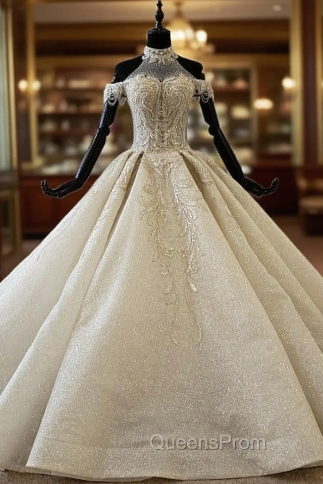 Champagne Ball Gown Tulle Sequins Halter Beading Wedding Dress