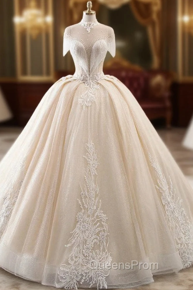 Champagne Ball Gown Tulle Sequins High Neck Backless Wedding Dress Main image