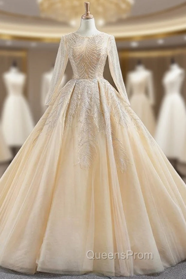 Champagne Ball Gown Tulle Sequins Long Sleeve Backless Evening Prom Dress