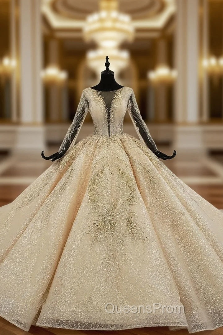 Champagne Ball Gown Tulle Sequins Long Sleeve Luxury Wedding Dress With Beading Main image