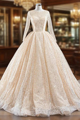 Champagne Ball Gown Tulle Sequins Long Sleeve Evening Prom Dress
