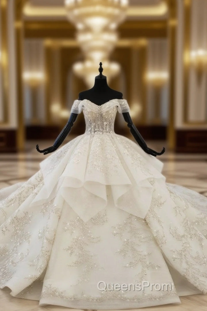 Champagne Ball Gown Tulle Sequins Off the Shoulder Appliques Beading Luxury Wedding Dress Main image