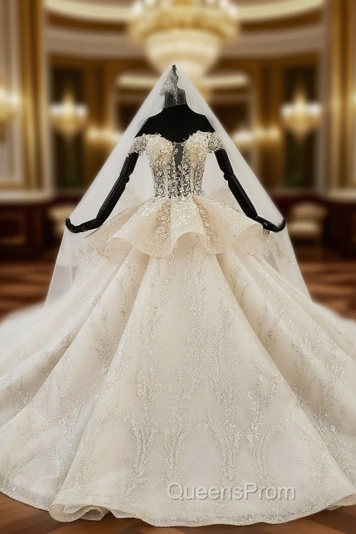 Champagne Ball Gown Tulle Sequins Off the Shoulder Appliques Beading Wedding Dress Main image