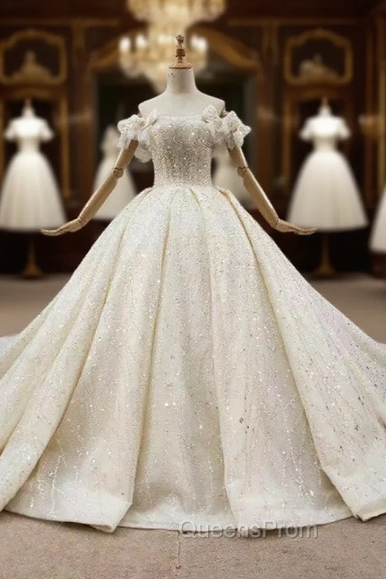 Champagne Ball Gown Tulle Sequins Off the Shoulder Beading Long Wedding Dress Main image
