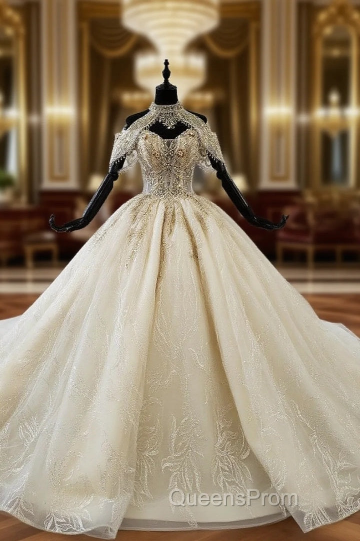 Champagne Ball Gown Tulle Sequins Off the Shoulder Beading Luxury Wedding Dress Main image