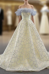 Champagne Ball Gown Tulle Sequins Off the Shoulder Evening Prom Dress