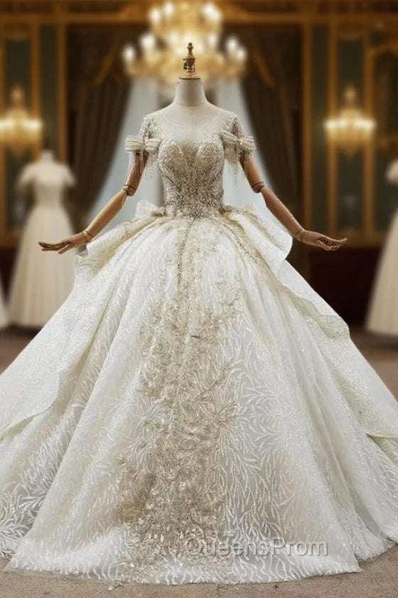 Champagne Ball Gown Tulle Sequins Short Sleeve Beading Bow Wedding Dress
