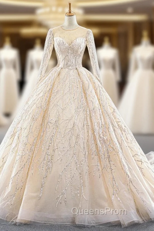 Champagne Ball Gown Tulle Seuqins Long Sleeve Evening Prom Dress