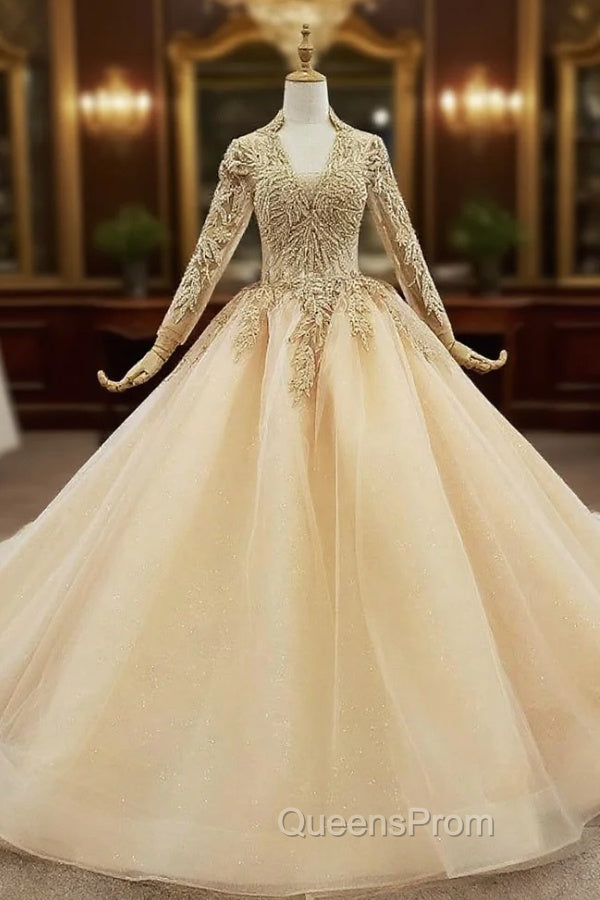 Champagne Ball Gown Tulle V-neck Long Sleeve Wedding Dress Wit Beading Main image