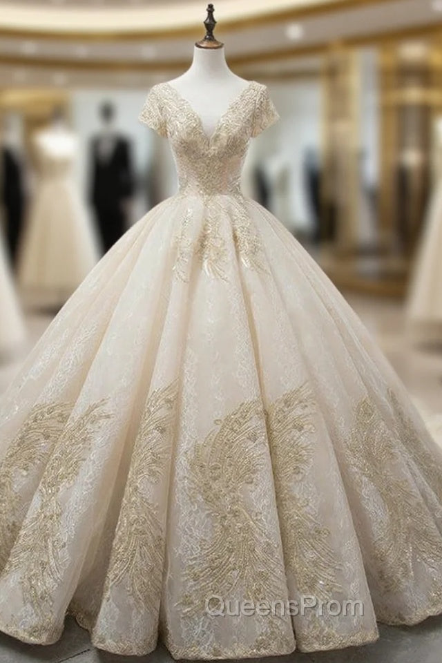 Champagne Ball Gown V-neck Backless Tulle Appliques With Beaded Wedding Dress Main image