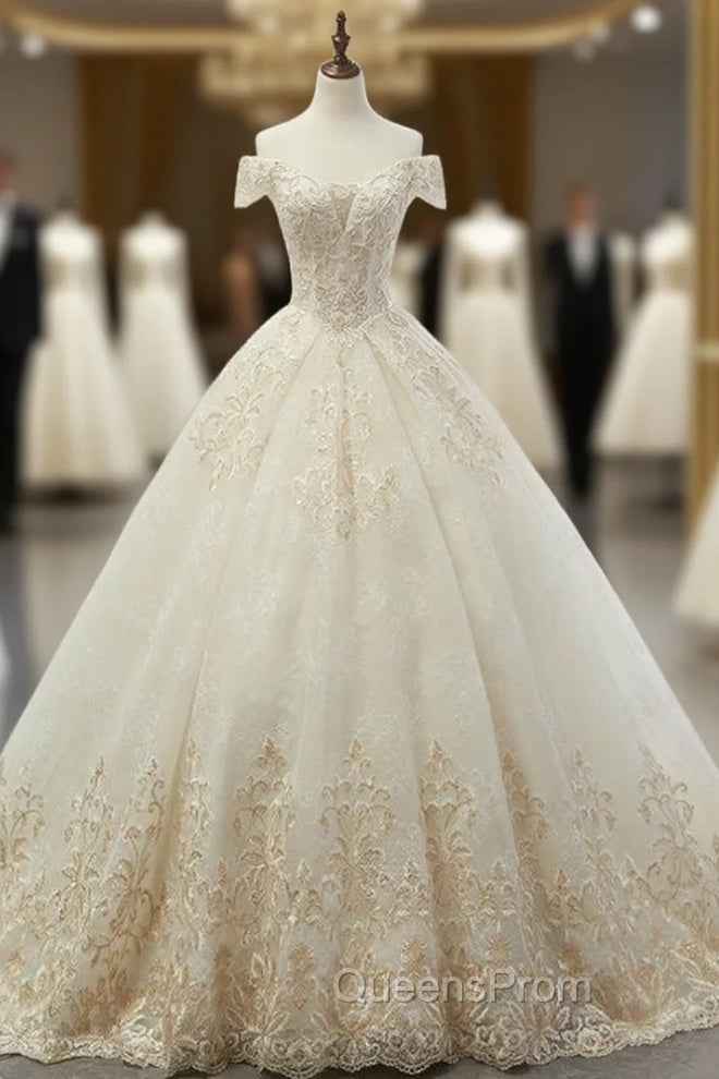 Champagne BallGown Tulle Appliques Off The Shoulder Wedding Dress Main image