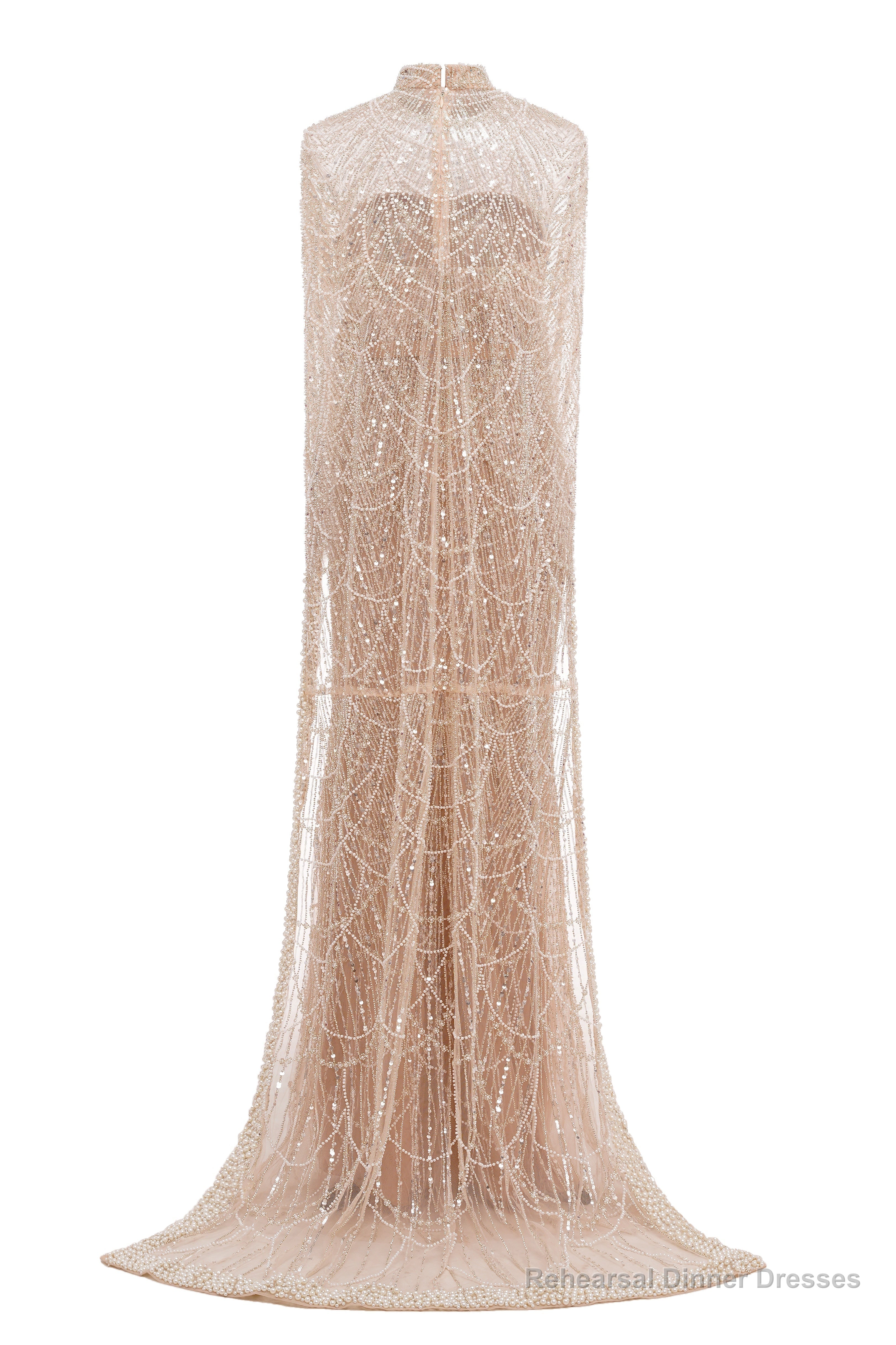 Luxury Pearls Beading Prom Dresses Sweep Train High Neck Zipper Sleeveless Evening Dresses
