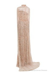 Champagne Beading Prom Dresses Sweep Train High Neck Zipper Sleeveless Evening Dresses