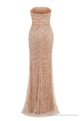 Champagne Beading Prom Dresses Sweep Train High Neck Zipper Sleeveless Fromal Dresses