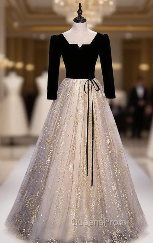 Champagne Black Tulle Short Sleeve Sequins Evening Prom Dress
