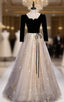Champagne Black Tulle Short Sleeve Sequins Evening Prom Dress