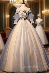 Champagne Blue Tulle Short Sleeve Backless Appliques Quinceanera Dress