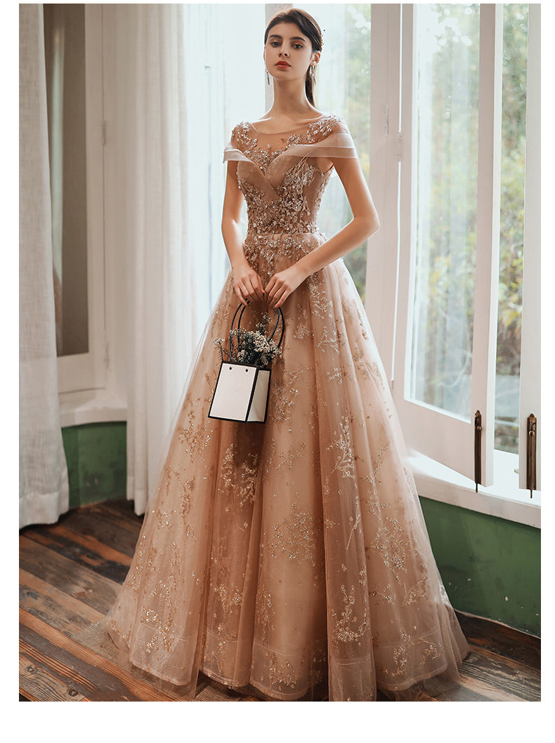 Champagne Cap Sleeves Tulle Long Party Dress, New Style Long Classy Prom Dress Party Dress Secondary image