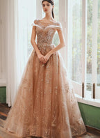 Champagne Cap Sleeves Tulle Long Party Dress, New Style Long Classy Prom Dress Party Dress