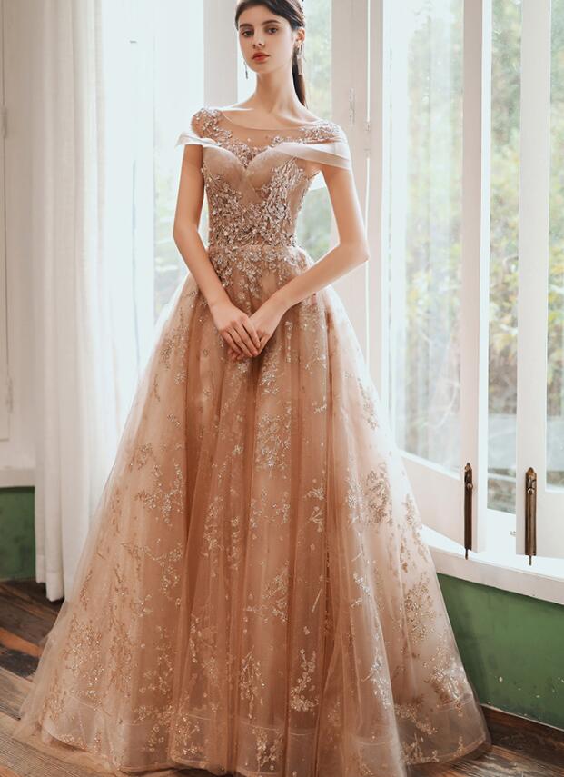 Champagne Cap Sleeves Tulle Long Party Dress, New Style Long Classy Prom Dress Party Dress