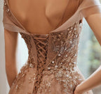 Champagne Cap Sleeves Tulle Long Party Dress, New Style Long Classy Prom Dress Party Dress