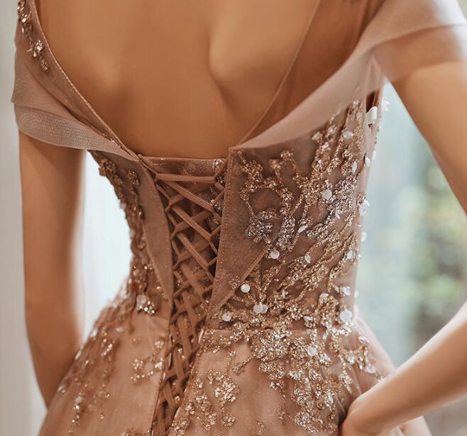 Champagne Cap Sleeves Tulle Long Party Dress, New Style Long Classy Prom Dress Party Dress