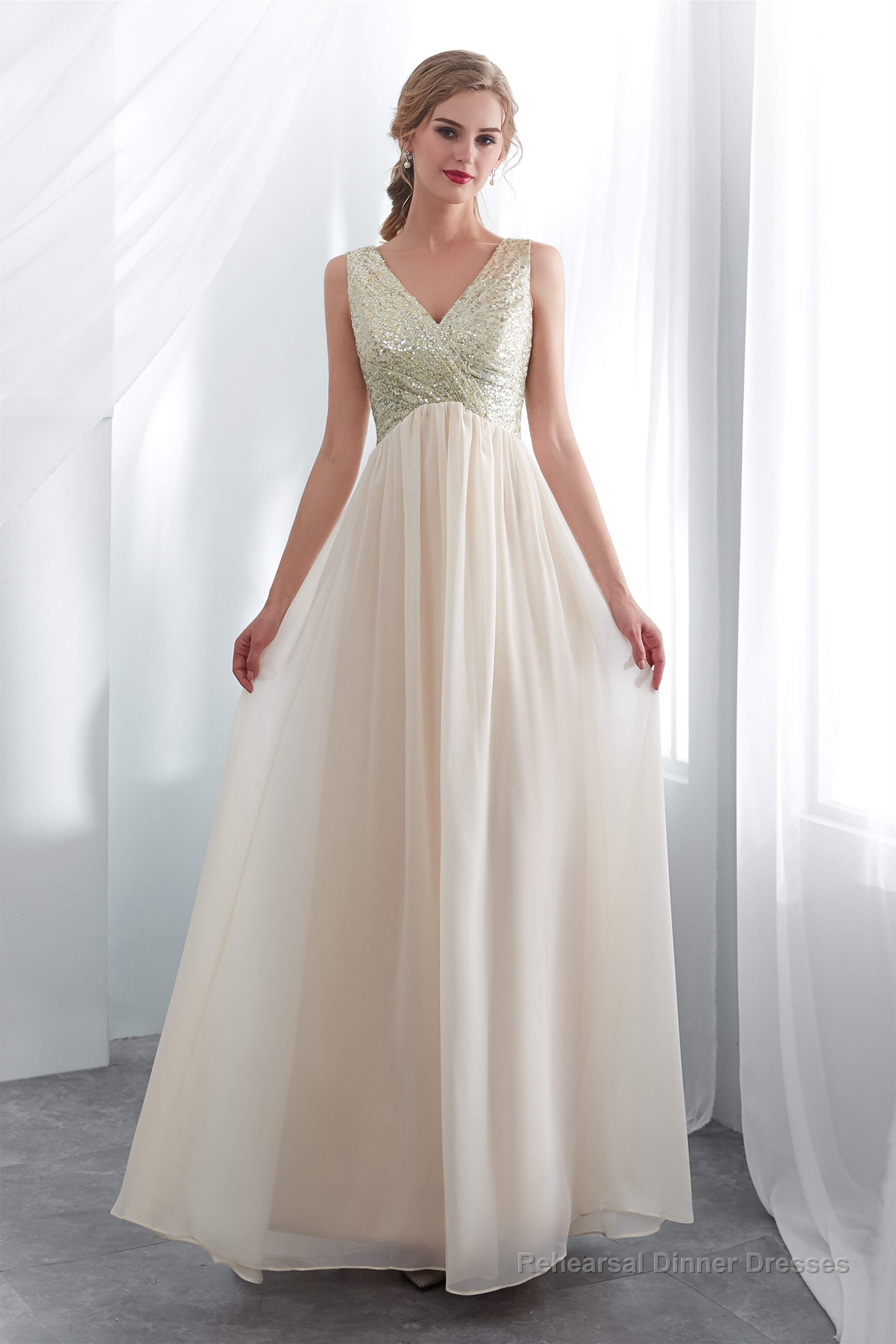 Champagne Chiffon Backless Long Prom Dresses with Sequins Secondary image