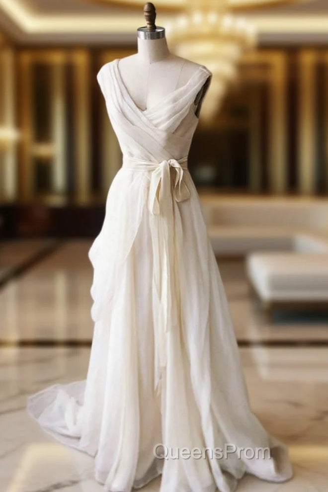 Champagne Chiffon Long A-Line Evening Prom Dress, Simple V-Neck Evening Dress