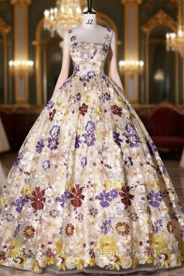 Champagne Colorful Flower Straps Quinceanera Dress
