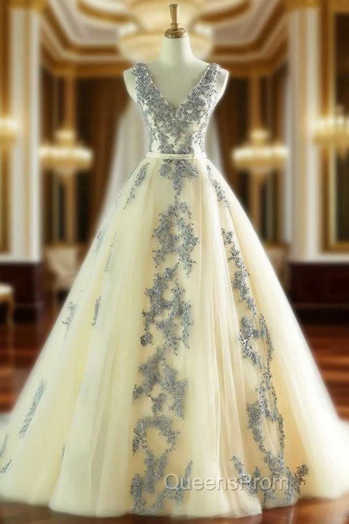 Champagne Deep V-neck Backless Appliques Wedding Dress Main image