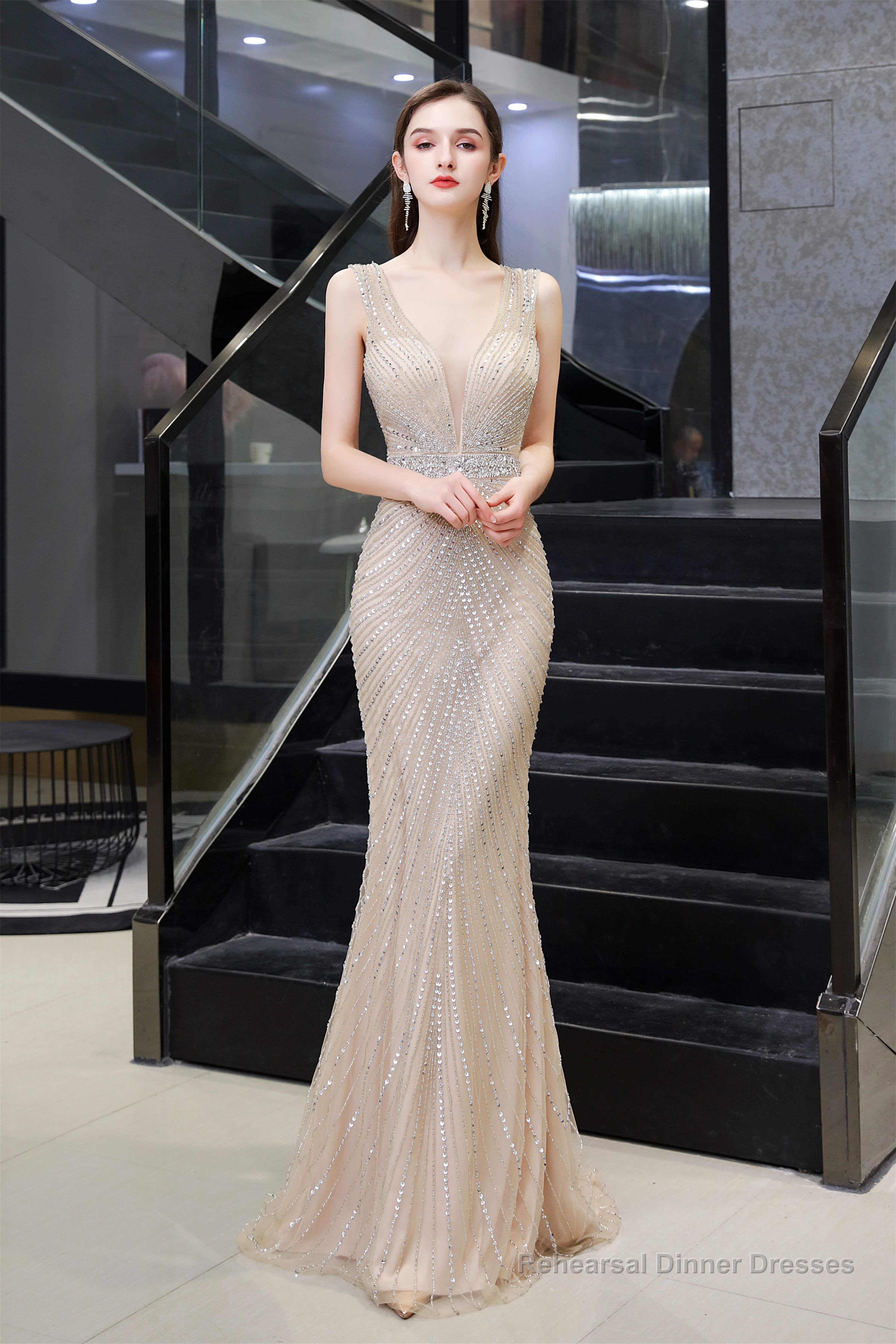 Deep V neck Backless Full of Bead Sequined Mermaid Long Prom Dresses Secondary image