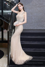 Deep V neck Backless Full of Bead Sequined Mermaid Long Prom Dresses