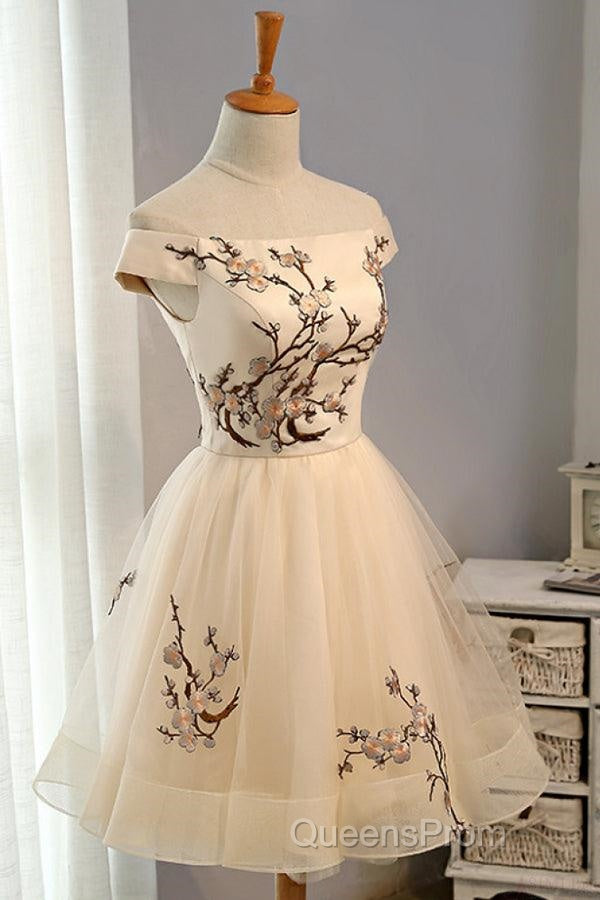 Champagne Embroidery Homecoming Dress,Tulle Short Party Dress Secondary image