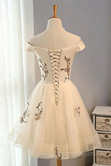 Champagne Embroidery Homecoming Dress,Tulle Short Party Dress