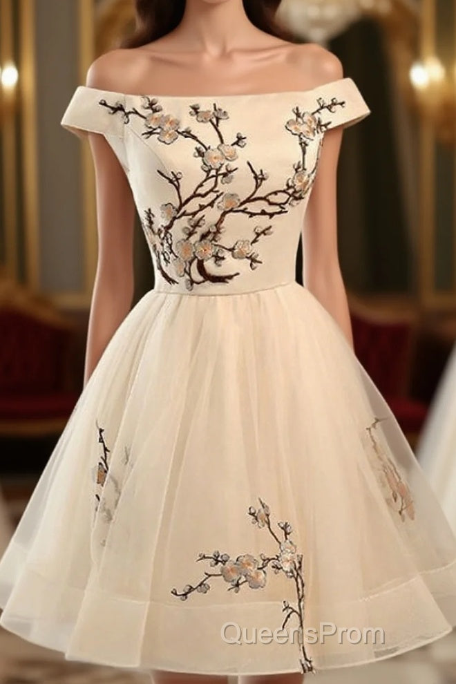 Champagne Embroidery Homecoming Dress,Tulle Short Party Dress Main image