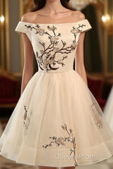 Champagne Embroidery Homecoming Dress,Tulle Short Party Dress