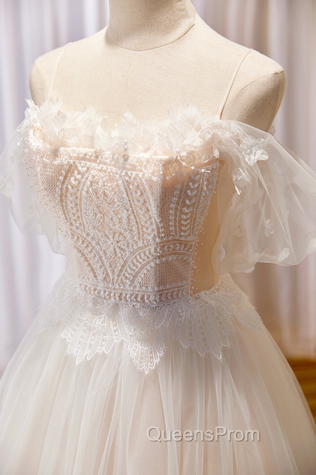 Champagne Floor Length Lace Long Evening Prom Dress, Off the Shoulder Evening Dress Secondary image