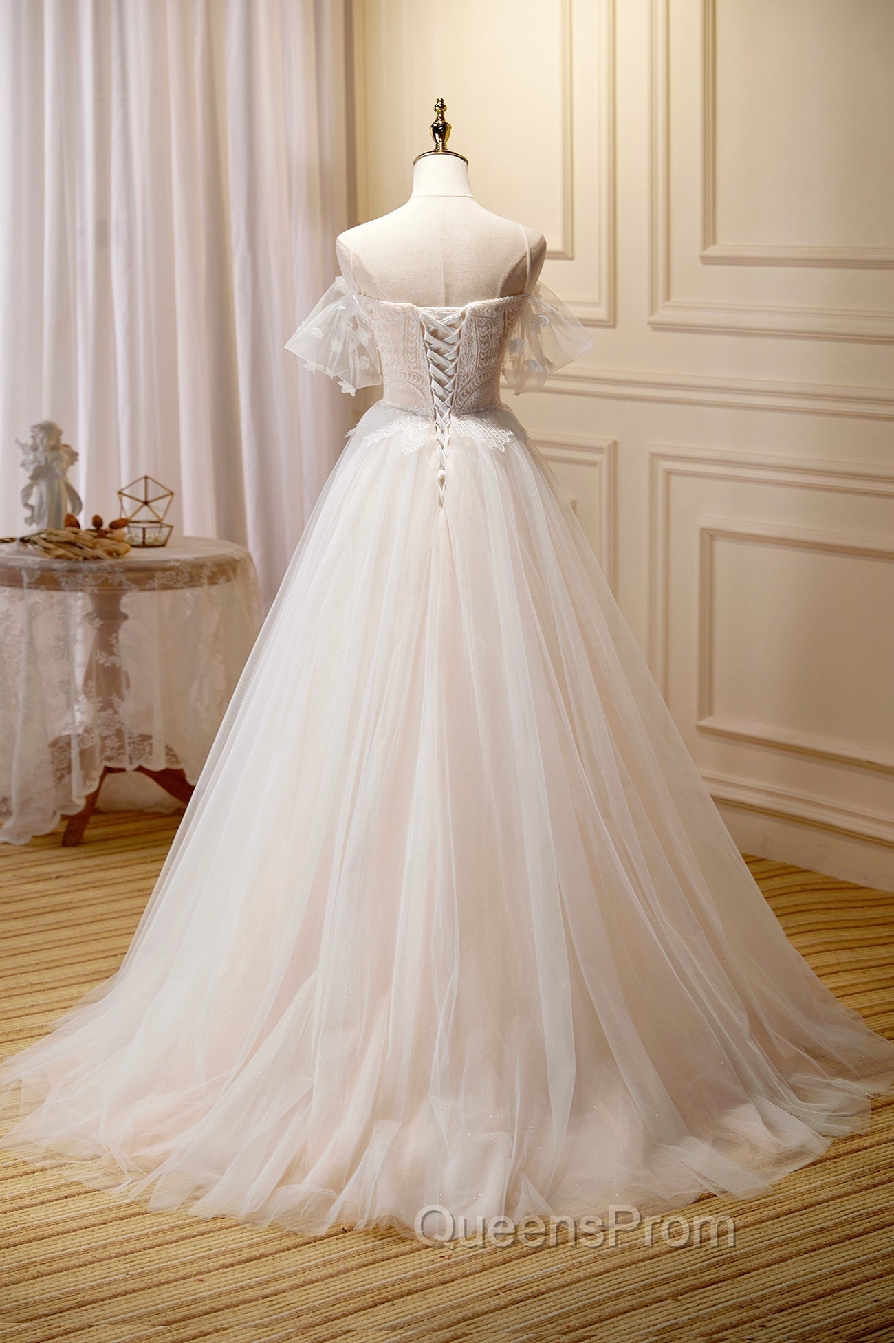 Champagne Floor Length Lace Long Evening Prom Dress, Off the Shoulder Evening Dress