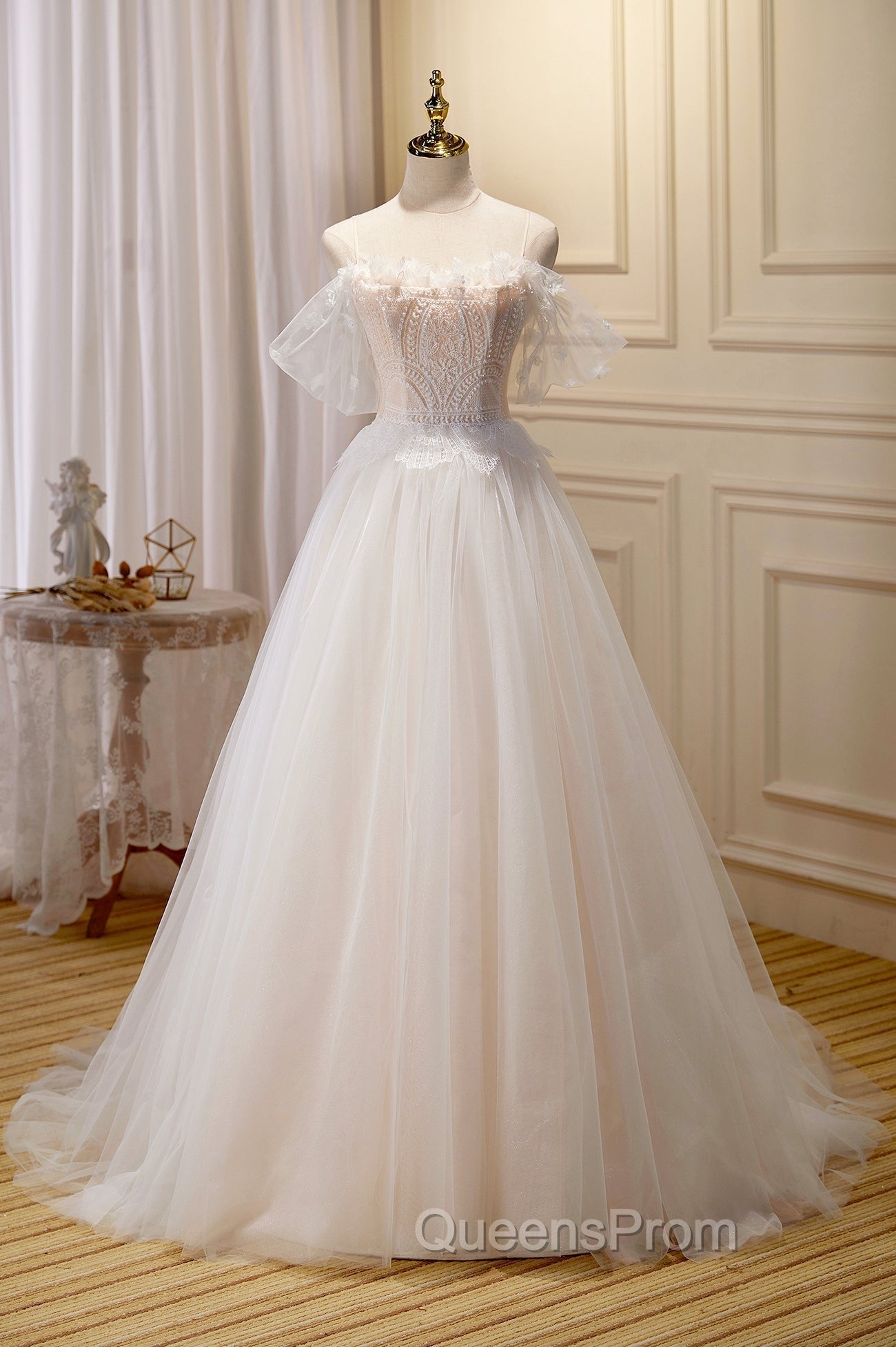 Champagne Floor Length Lace Long Evening Prom Dress, Off the Shoulder Evening Dress
