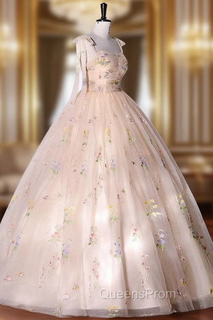 Champagne Floral Tulle Straps Sweetheart Long Party Dress, Ball Gown Sweet 16 Dress Main image