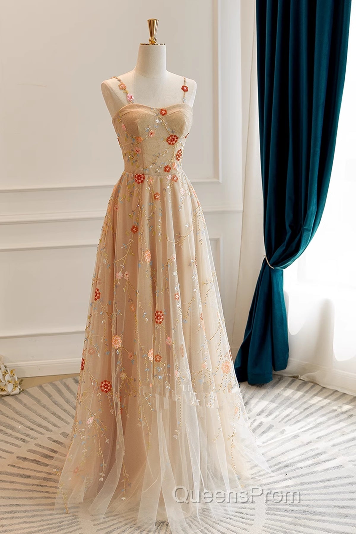 Champagne Floral Tulle Straps Sweetheart Wedding Party Dress, A-Line Tulle Long Evening Prom Dress Secondary image
