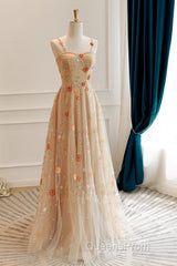 Champagne Floral Tulle Straps Sweetheart Wedding Party Dress, A-Line Tulle Long Evening Prom Dress