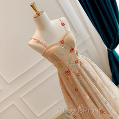 Champagne Floral Tulle Straps Sweetheart Wedding Party Dress, A-Line Tulle Long Evening Prom Dress