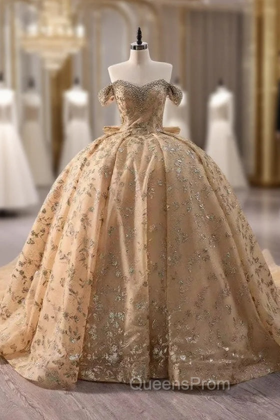 Champagne Gold Ball Gown Tulle Sequins Beading Evening Prom Dress Main image
