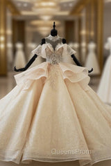 Champagne Gold Ball Gown Tulle Sequins High Neck Backless Wedding Dress